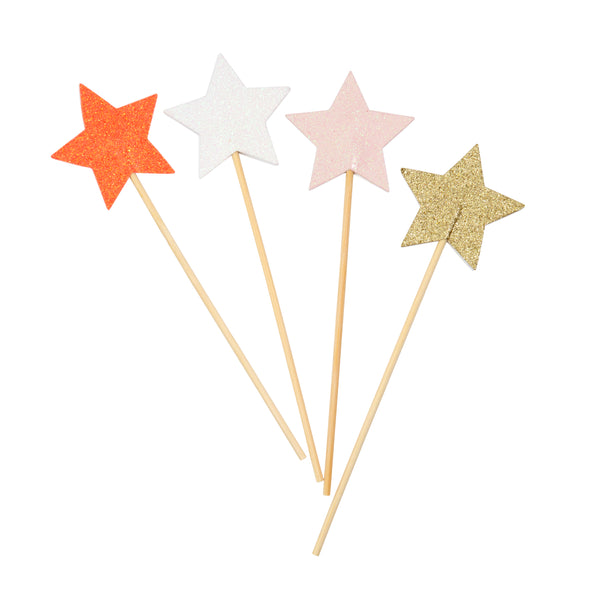 star wands perfect for fairy and princess themed parties, assorted set of glitter stars in red, white, pink gold. Includes eight wands, two of each color. Perfect for kids activity or to stuff into party favor bags. 