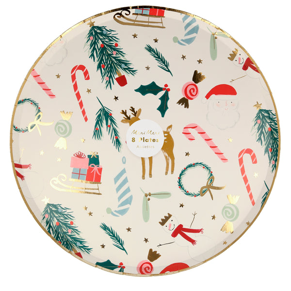 These Festive Motif dinner plates bring everyone's favorite holiday icons all together, including a snowman, reindeer, Christmas Tree and candy canes. Gold foil details are splashed throughout the design, Pack of 8 Size: 10.25 x 10.25 inches