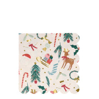 These Festive Motif large napkins bring everyone's favorite holiday icons all together, including a snowman, reindeer, Christmas Tree and candy canes. Gold foil details are splashed throughout the design, and they are finished with a sensational scalloped edge. Made from eco-friendly paper Pack of 16 Folded dimensions: 6.5 x 6.5 inches