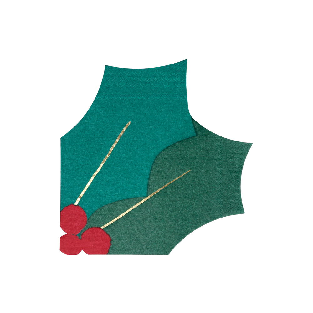 These elegant Holly Napkins are green with bright red berry centers and have graceful die cut lines and handsome gold foil details. Made from eco-friendly paper. Pack of 16. Folded dimensions: 6.5 x 6.5 inches.