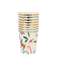 These festive Christmas cups bring everyone's favorite holiday icons all together, including a snowman, reindeer, Christmas Tree and candy canes. Gold foil details are splashed throughout the design, and cups are suitable for both hot and cold beverages. Made from eco-friendly paper Pack of 8 Product capacity: 9oz