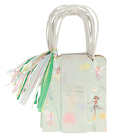 these flying fairy print party bags illustration print includes beautiful and whimsical fairies, toadstool, butterfly and flowers on a soft mint green back-round color set of eight bags perfect for gifts and favors, five inches wide , six inches tall and three inches deep in a set of eight pieces