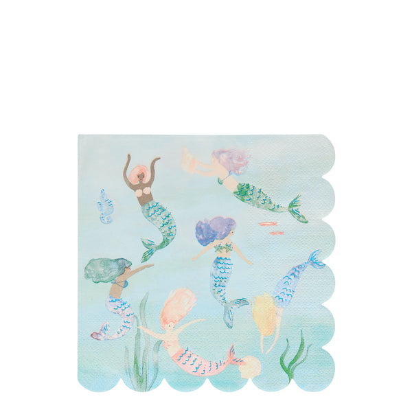 mermaids swimming under-the-sea printed illustration on paper large lunch napkins, featuring six pretty mermaids, fish, seahorse, seaweed enhanced with blue foil details . Perfect for under-the-sea or mermaid themed parties