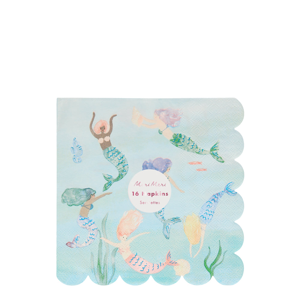pack of sixteen paper party and lunch napkins with a beautifully illustrated swimming mermaids. made with eco friendly paper