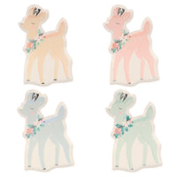 Lovely pastel Deer Plates will enchant your guests. Die cut, beautifully crafted, and appointed with silver details. Made from eco-friendly paper. Pack of 8 in 4 pastel design colors of blue, green, peach, and pink. Product dimensions: 6.875 by 10.75 by 0.25 inches.