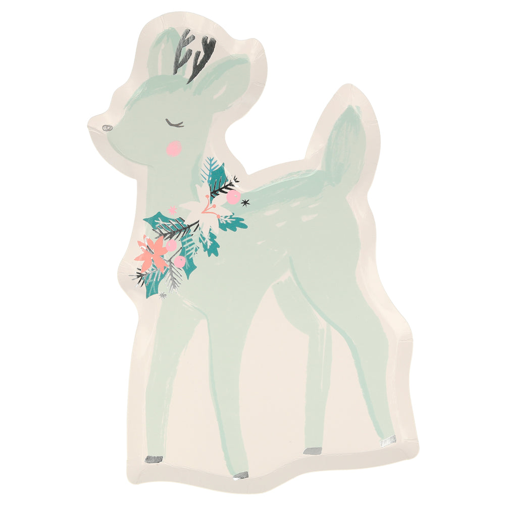 Example of pastel green die cut Deer Plate, beautifully crafted, and appointed with silver details. Made from eco-friendly paper. Pack of 8 in 4 pastel design colors of blue, green, peach, and pink. Product dimensions: 6.875 by 10.75 by 0.25 inches.