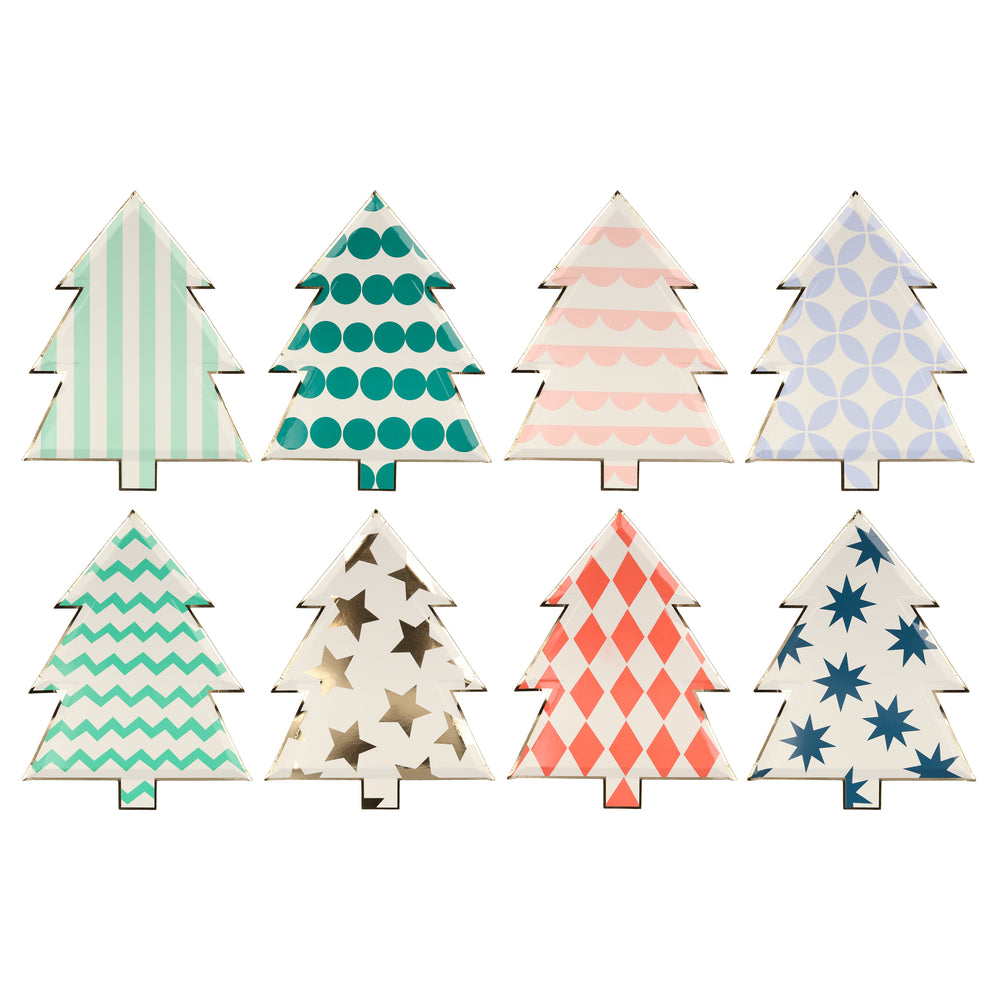 The noble Christmas tree reimagined in colorful and clever patterns make these die cut plates in a Christmas tree shape, a design statement on your holiday table. Pack of eight, in eight different colors, including greens, reds, blues, and gold, and designs, including stripes, stars, diamonds, and circles, all with a shiny gold foil border for a stylish touch. Made from eco-friendly paper Product dimensions: 8 by 10.25 by 0.25 inches.