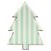 Pale green and white vertical striped colorful die cut plate in a Christmas tree shape, one design of eight. Pack of eight, in eight different colors, including greens, reds, blues, and gold, and designs, including stripes, stars, diamonds, and circles, all with a shiny gold foil border for a stylish touch. Made from eco-friendly paper Product dimensions: 8 by 10.25 by 0.25 inches.