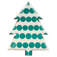 Dark green polka dots on a white background colorful die cut plate in a Christmas tree shape, one design of eight. Pack of eight, in eight different colors, including greens, reds, blues, and gold, and designs, including stripes, stars, diamonds, and circles, all with a shiny gold foil border for a stylish touch. Made from eco-friendly paper Product dimensions: 8 by 10.25 by 0.25 inches.