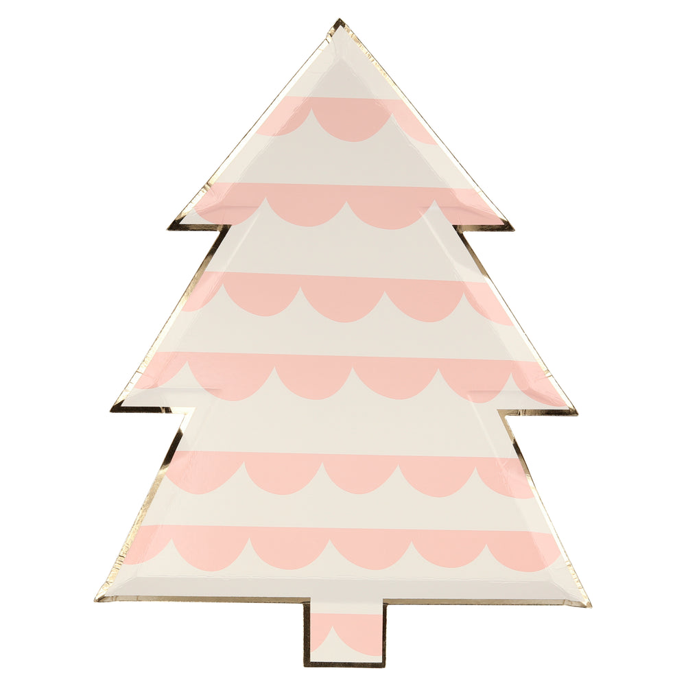 Pale pink horizontal swag lines colorful die cut plate in a Christmas tree shape, one design of eight. Pack of eight, in eight different colors, including greens, reds, blues, and gold, and designs, including stripes, stars, diamonds, and circles, all with a shiny gold foil border for a stylish touch. Made from eco-friendly paper Product dimensions: 8 by 10.25 by 0.25 inches.