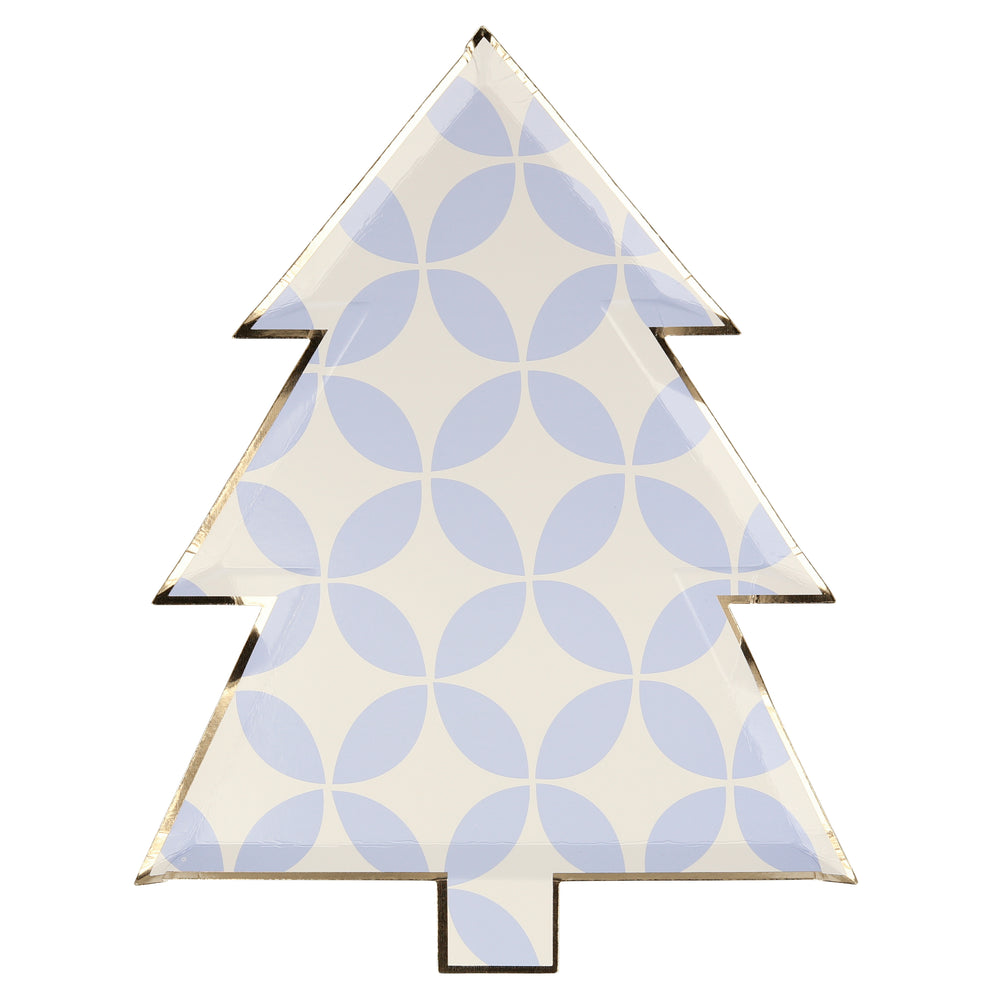 Pale blue and white circular patterned colorful die cut plate in a Christmas tree shape, one design of eight. Pack of eight, in eight different colors, including greens, reds, blues, and gold, and designs, including stripes, stars, diamonds, and circles, all with a shiny gold foil border for a stylish touch. Made from eco-friendly paper Product dimensions: 8 by 10.25 by 0.25 inches.