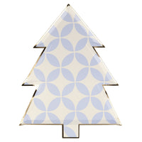 Pale blue and white circular patterned colorful die cut plate in a Christmas tree shape, one design of eight. Pack of eight, in eight different colors, including greens, reds, blues, and gold, and designs, including stripes, stars, diamonds, and circles, all with a shiny gold foil border for a stylish touch. Made from eco-friendly paper Product dimensions: 8 by 10.25 by 0.25 inches.