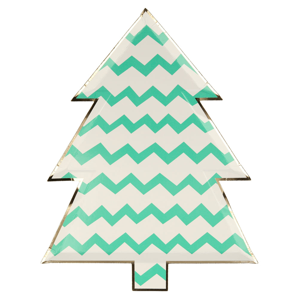 Pale green and white horizontal rickrack design colorful die cut plate in a Christmas tree shape, one design of eight. Pack of eight, in eight different colors, including greens, reds, blues, and gold, and designs, including stripes, stars, diamonds, and circles, all with a shiny gold foil border for a stylish touch. Made from eco-friendly paper Product dimensions: 8 by 10.25 by 0.25 inches.