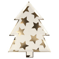 Gold foil stars on a white background colorful die cut plate in a Christmas tree shape, one design of eight. Pack of eight, in eight different colors, including greens, reds, blues, and gold, and designs, including stripes, stars, diamonds, and circles, all with a shiny gold foil border for a stylish touch. Made from eco-friendly paper Product dimensions: 8 by 10.25 by 0.25 inches.