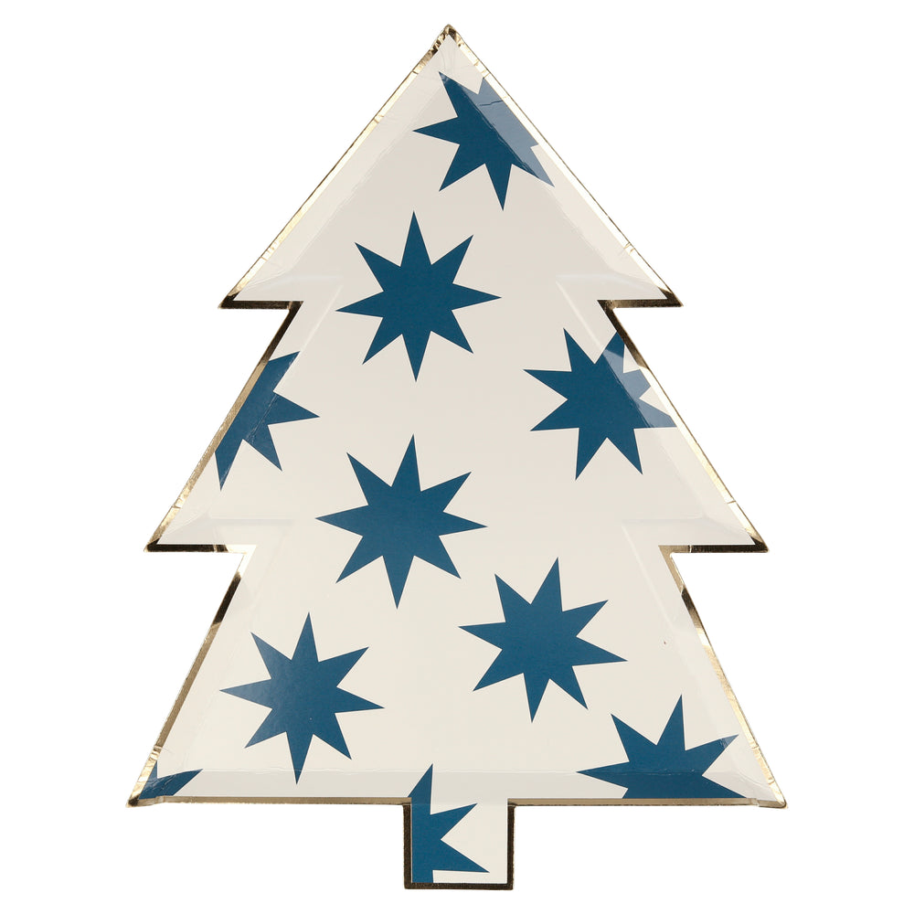 Dark blue starbursts on a white background colorful die cut plate in a Christmas tree shape, one design of eight. Pack of eight, in eight different colors, including greens, reds, blues, and gold, and designs, including stripes, stars, diamonds, and circles, all with a shiny gold foil border for a stylish touch. Made from eco-friendly paper Product dimensions: 8 by 10.25 by 0.25 inches.