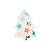 Bold and colorful stars abound on these patterned die cut Christmas Tree shaped napkins. Finished with an elegant gold foil star, and crafted from 3-ply paper. Made from eco-friendly paper. Pack of 16. Folded dimensions: 4.625 by 6.5 inches.