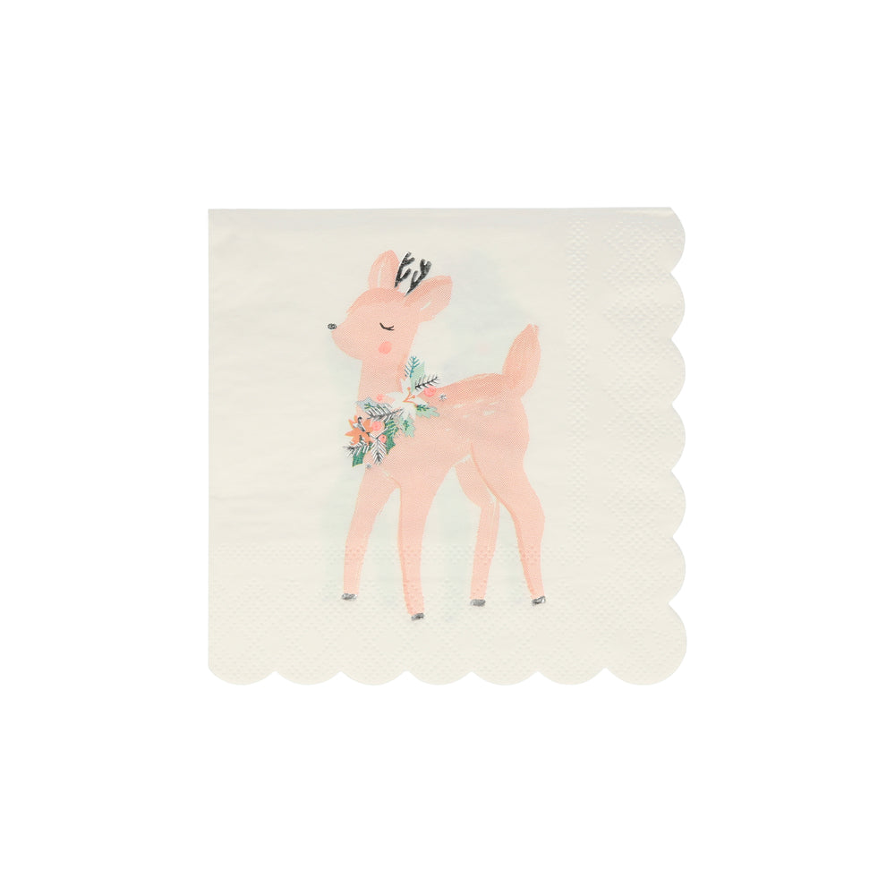 Darling Pastel Deer Napkins open out to reveal 4 reindeer, in shades of blue and pink. Delicate silver details and a die cut scalloped edge. Made from eco-friendly paper. Pack of 16. Folded dimensions: 5 by 5 inches.