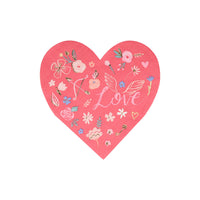 Heart shaped paper napkins with a whimsical romance themed print including flower’s,a cherubs bow & arrow, the word “ love” with cherub wings. Made of eco friendly paper in a pack of sixteen napkins