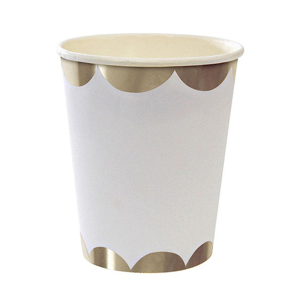 white cup with gold foil scalloped gold foil printed at the brim and base of each cup. Pack of eight , nine ounce cups, for use with hot and cold beverages.