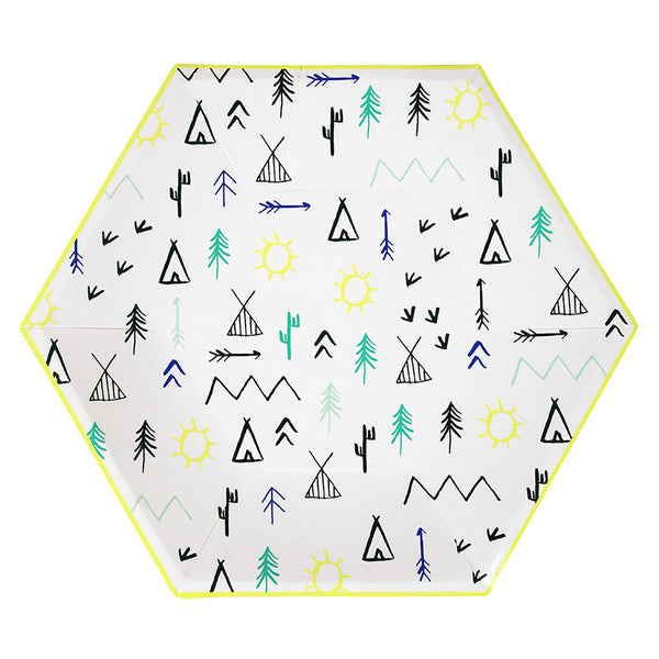 White plate with an outdoor camping theme theme print line drawings including sun, pine tree, tent , cactus, arrows with a neon yellow boarder. sold in a pack of 12  paper party plates