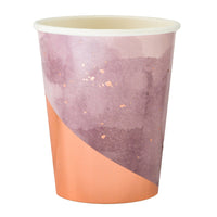 light pink paper party cup with a gradient purple watercolor print and vibrant rose gold foil highlights, for use with hot and cold beverages nine ounces in a package of eight cups  