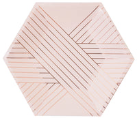 pale peach paper party plate with rose gold foil linear pattern plates for bridal and baby showers