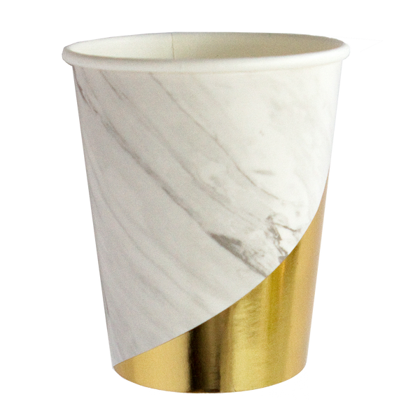 white marble print with shades of grey and gold foil colorblock paper cups are perfect for luxe parties and events