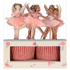 Ballerina cupcake kit includes twenty-four rose pink paper baking cases and twenty-four beautiful dancing ballerinas adorned with shiny gold foil crowns, printed and fabric tulle skirts.