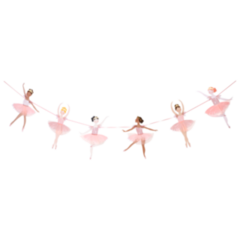 six dancing ballerinas in dusty rose and pink with a peach tulle skirts and shiny gold foil crowns all strung on a pink ribbon. Garland measures six feet with the ribbon extending to ten feet with extra ribbon hanging on both sides.