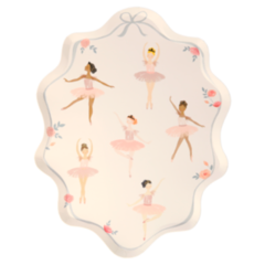 oval shaped plates with a beautiful scalloped shaped edge, features six dancing ballerinas wearing soft pink and rose tutus, tops and ballerina slippers and shiny gold foil crowns, edge border trimmed with a french blue ribbon and leaves with pink roses. Pack of eight plates