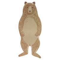 big bear plates made of eco friendly natural brown paper die-cut into the shape of a tall bear. Kraft color plate with a brown printed bear standing in an upright position, perfect for use as a plate or tray for snacks sold in a set of eight per pack 