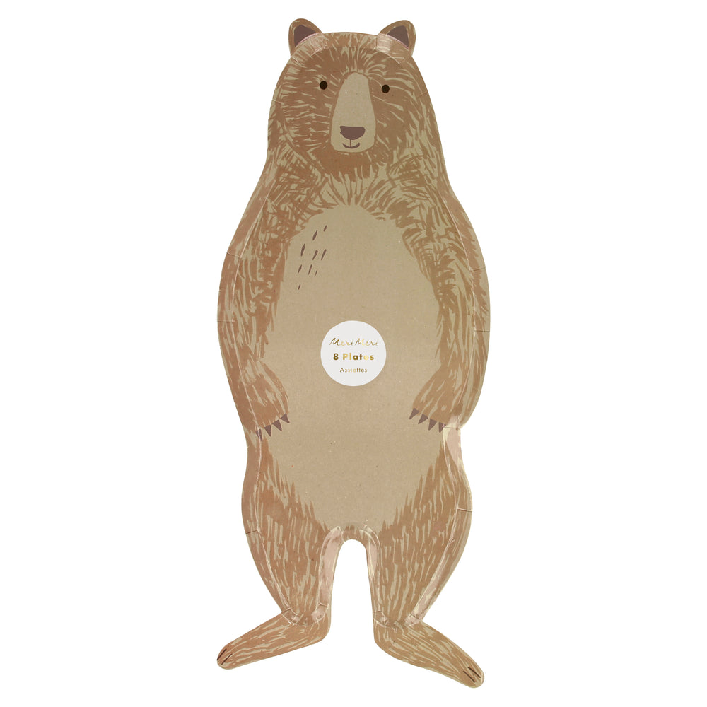 pack of eight plates die-cut into the shape of an adorable standing upright furry and smiling bear, perfect for plates or as a serving tray for snacks. 