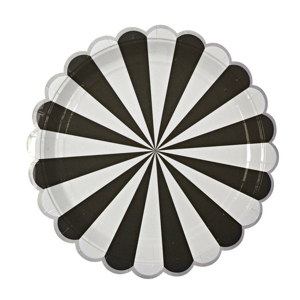 paper party plate with a black and white fan stripe print with a scalloped edge in silver metallic foil. 