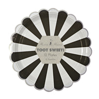 9 inch diameter black and white stripe paper party plates packaged  in a set of 12 plates by Meri Meri 