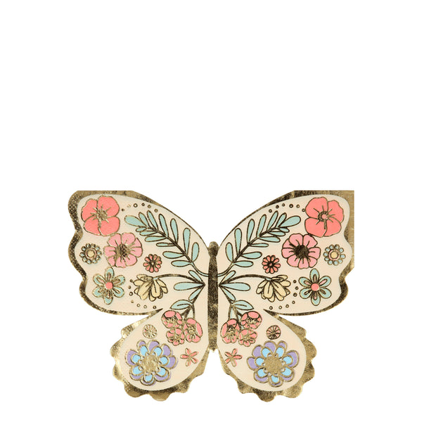 Beautiful Boho inspired floral butterfly shaped napkins printed with highlights of shiny gold details and border