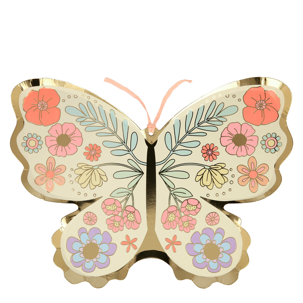 paper party plates die-cut into the shape of a butterfly with a beautiful boho inspired floral print.
