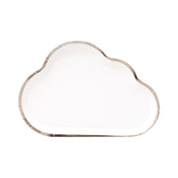 pure white cloud shaped paper plates with shiny silver trim  packaged in a  set of eight plates.