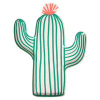 cactus shaped plates with bright green details and a bright neon orange top in a pack of twelve plates perfect for summer and cinco de mayo parties