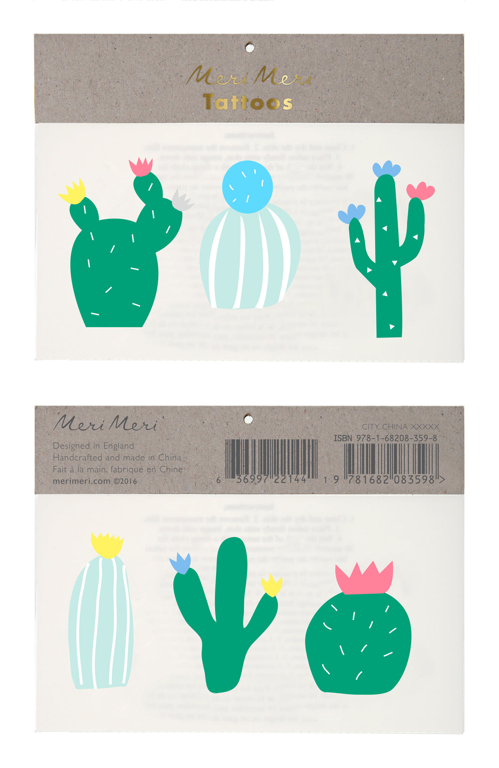 Cacti temporary tattoos, two sheets per pack and six cacti options. Cactus are in shades of green with neon color highlights.