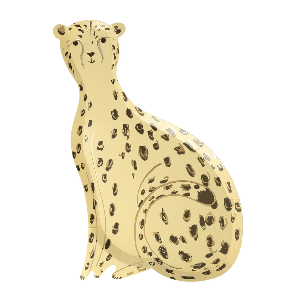 safari themed paper party plates die-cut into the shape of a cheetah  golden with lots of black spots  that are highlighted with gold foil details. sold in a pack of eight plates