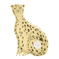 package of eight paper party plates in the shape of a golden yellow cheetah with lots of black spots that are highlighted with gold foil details. these plates are perfect for a safari-themed party
