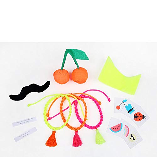 contents of each cherry surprise ball includes 2 temporary tattoos, 1 joke, 1 hat & either 1 friendship bracelet or 1 mustache