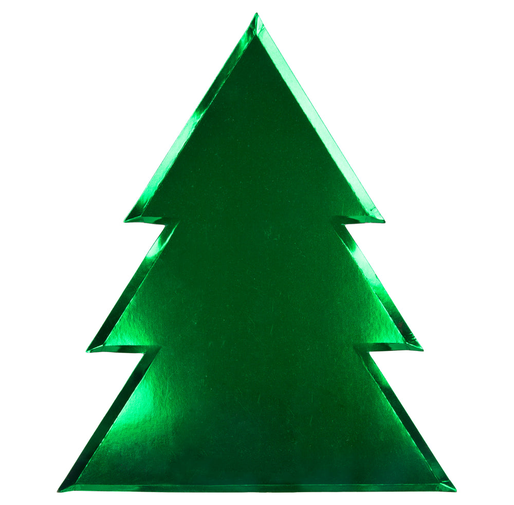 green metallic foil plates in the shape of a traditional Christmas tree packaged in a set of eight plates