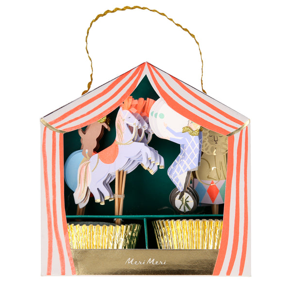 circus themed cupcake kit featuring circus performers dog, horse, lion and juggler packaged in a circus shaped tent box