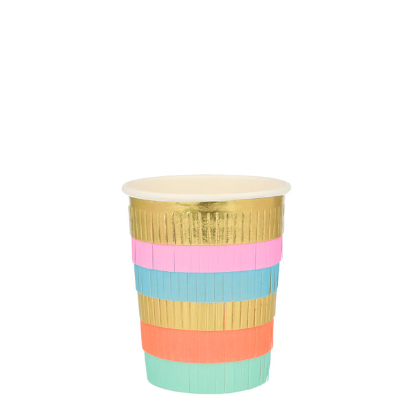 paper party cups lined in paper fringe in metallic gold, pink, blue, coral and mint pack of eight cups for use with hot and cold beverages