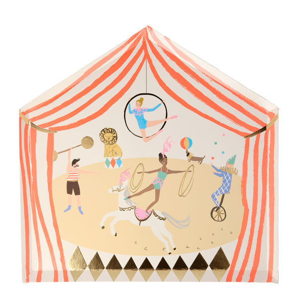 charming and colorful circus themed plates in the shape of a circus tent with a printed graphic including acrobatic performers, a strongman, juggler, stallion, lion and dog