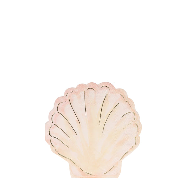 clam shell shaped napkins with natural shades of peach watercolor brush strokes and enhanced with gold foil details. the lovely napkins are chic and practical and sold in a package of sixteen napkins 