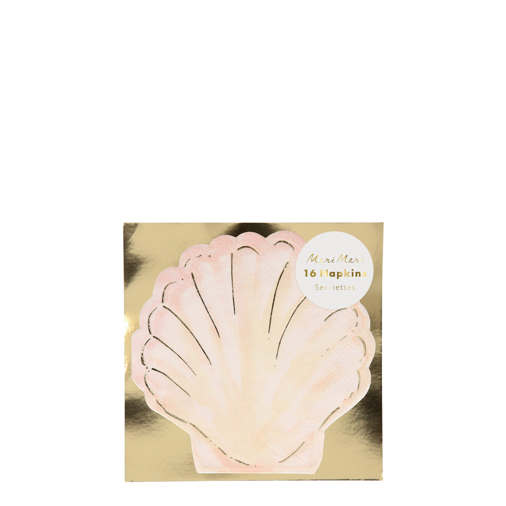 high quality paper clam shell shaped napkins with natural shades of peach watercolor brush strokes and enhanced with gold foil details. these lovely napkins are chic and practical and sold in a package of sixteen napkins