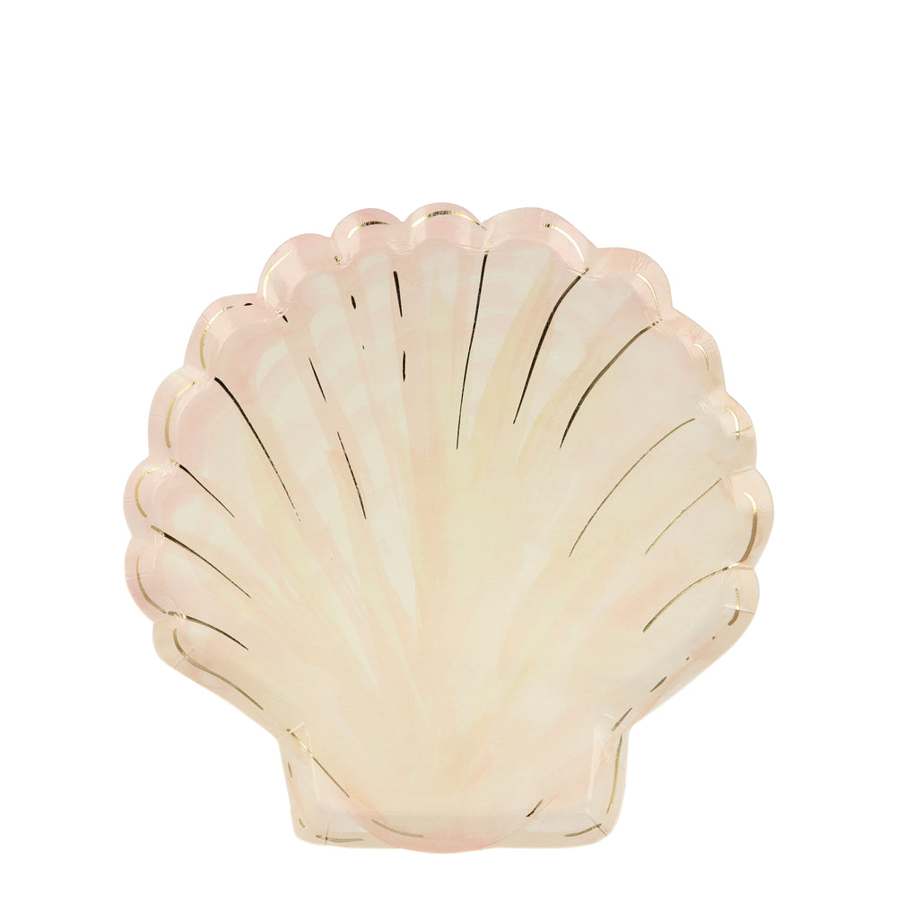 die-cut in the shape of a clam shell with soft watercolor brush strokes in soft shades of natural peach colors and highlighted with shiny gold details. Eight plates per package