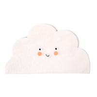 white napkins die-cut into the shape of a fluffy cloud with a smiley face and round peach cheeks